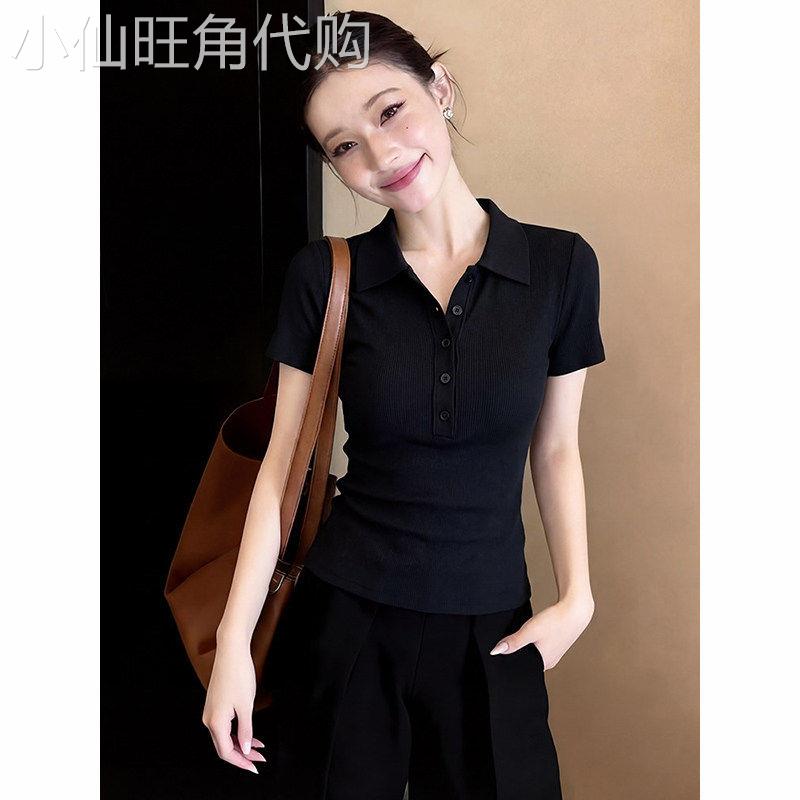 法式黑色polo领翻领短袖t恤女2026夏季紧身修身显瘦短款正肩上衣