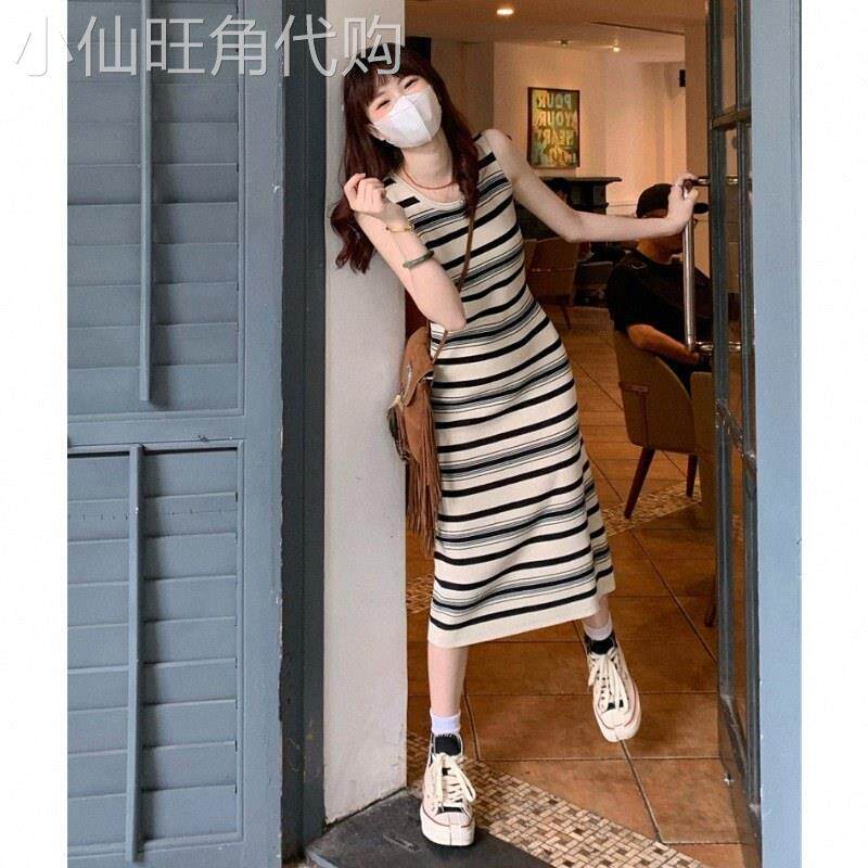 吊带裙女夏季小个子条纹抱婴袋裙长版宽肩带针织无袖法式吊带裙