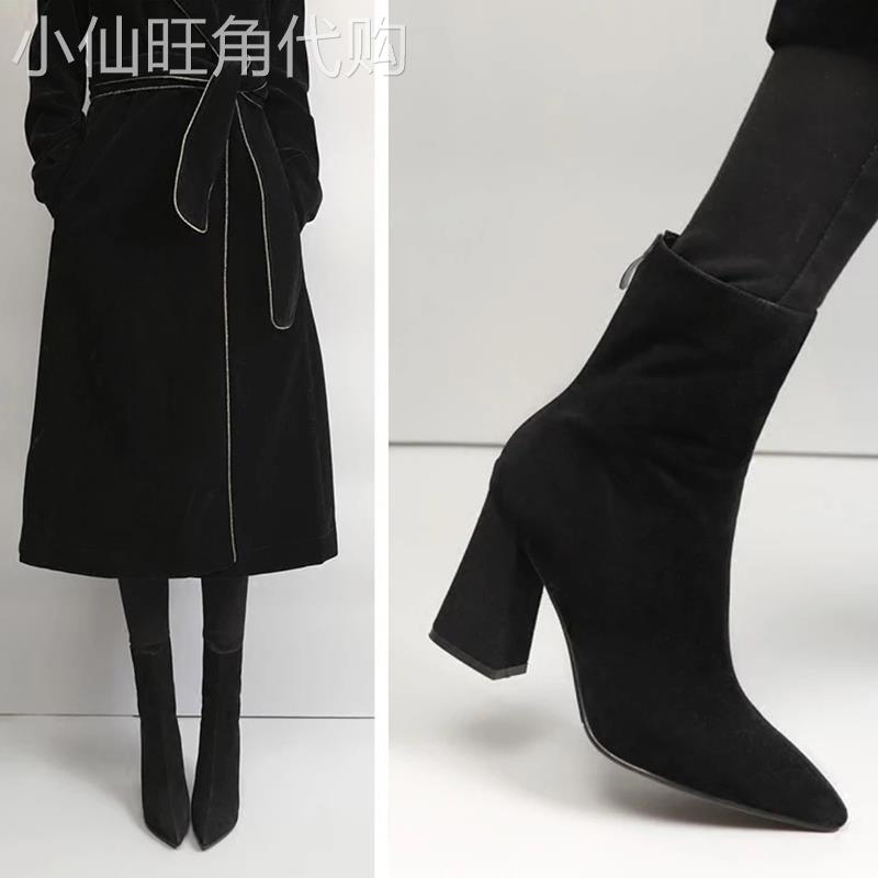 香港SW黑色粗跟尖头短靴女加绒2025秋冬季新款高跟鞋真皮马丁靴子