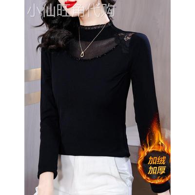香港黑色蕾丝加绒加厚打底衫女士2025新款爆款洋气时尚内搭上衣女