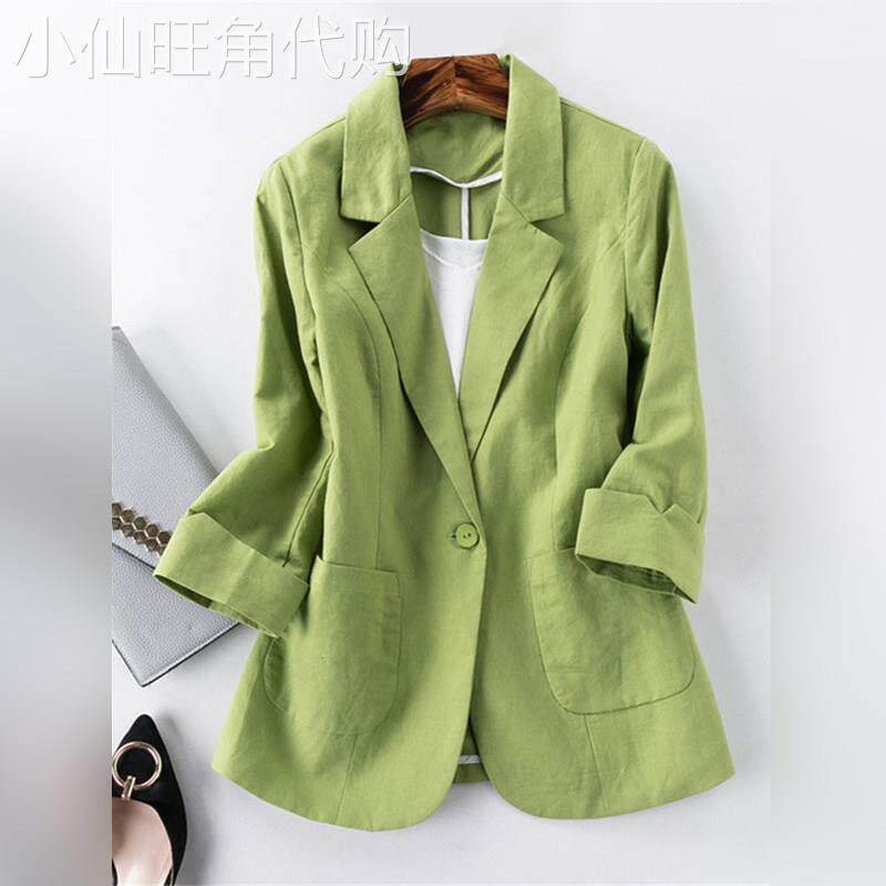 潮牌棉麻小西装外套女夏百搭薄款时尚修身亚麻西服七分袖短款上衣