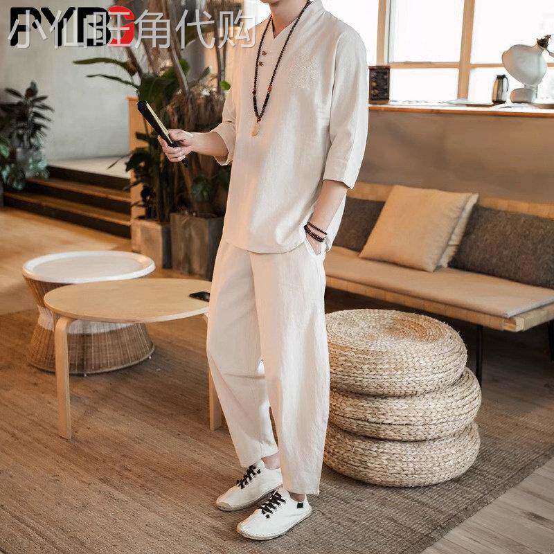 新中式亚麻男士短袖T恤套装2025夏季新款汉服中国风禅服棉麻唐装