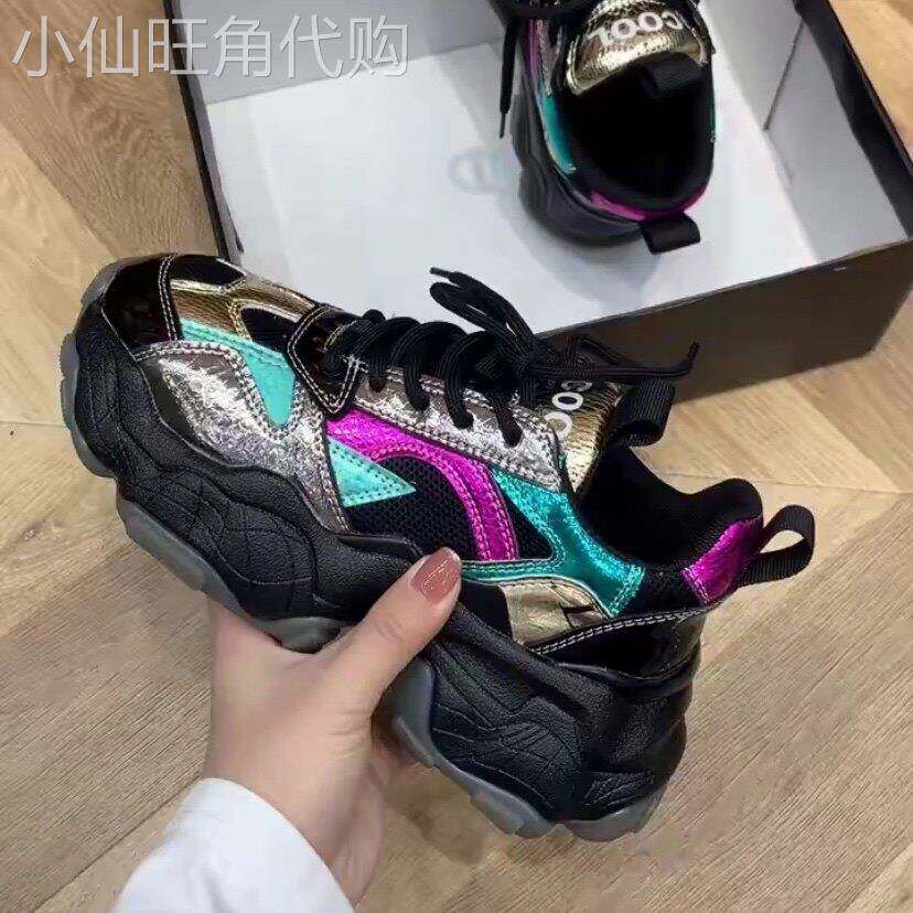 韩国ins超火炫彩老爹鞋女春秋2025新款网红真皮超厚底休闲运动鞋