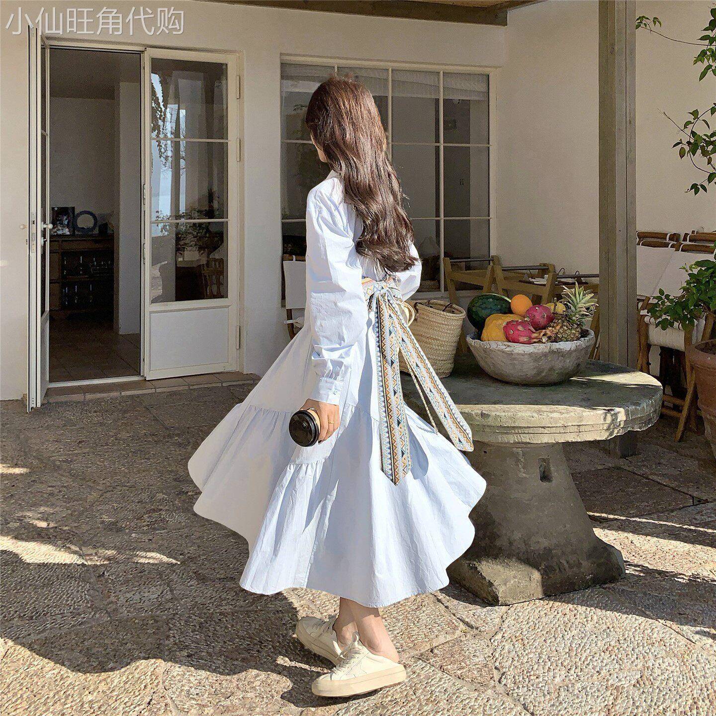 千金风浅蓝色气质褶皱设计衬衫裙女2026春季温柔风长袖A字连衣裙