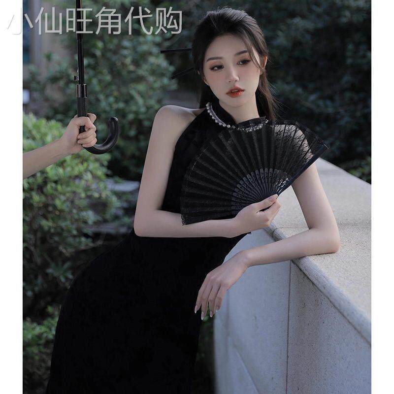 新中式覆古改良旗袍女夏季国风镂空挂颈珍珠边无袖收腰开 叉洋装