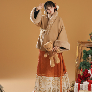 汉晴川原创[暖暖]明制汉服对穿交日常套装女直领短袄冬款加厚毛呢