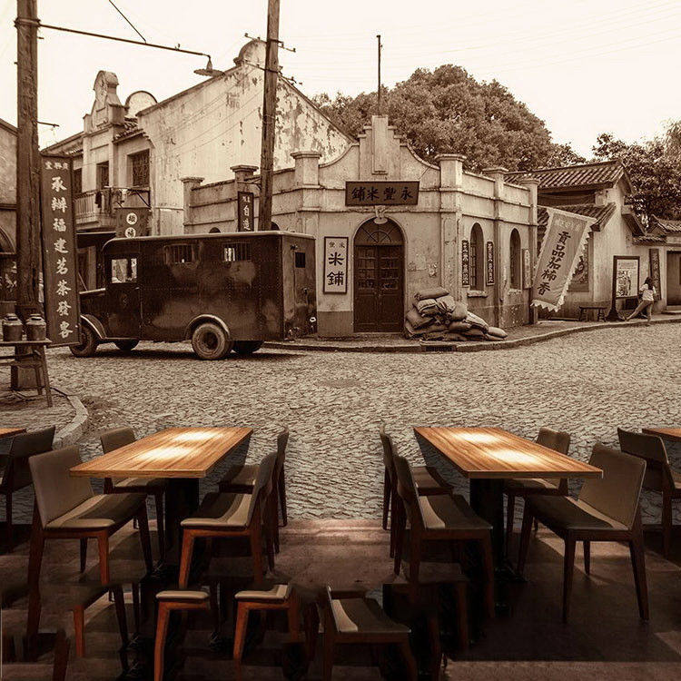 复古老上海民国壁纸3d黑白街景墙纸怀旧火锅店饭店装修墙布壁画