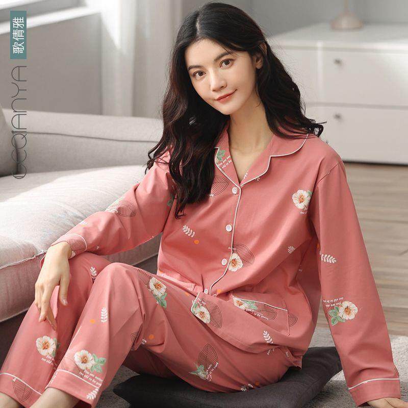100%纯棉睡衣女春秋季长袖秋天中年妈妈宽松女士家居服套装秋冬款