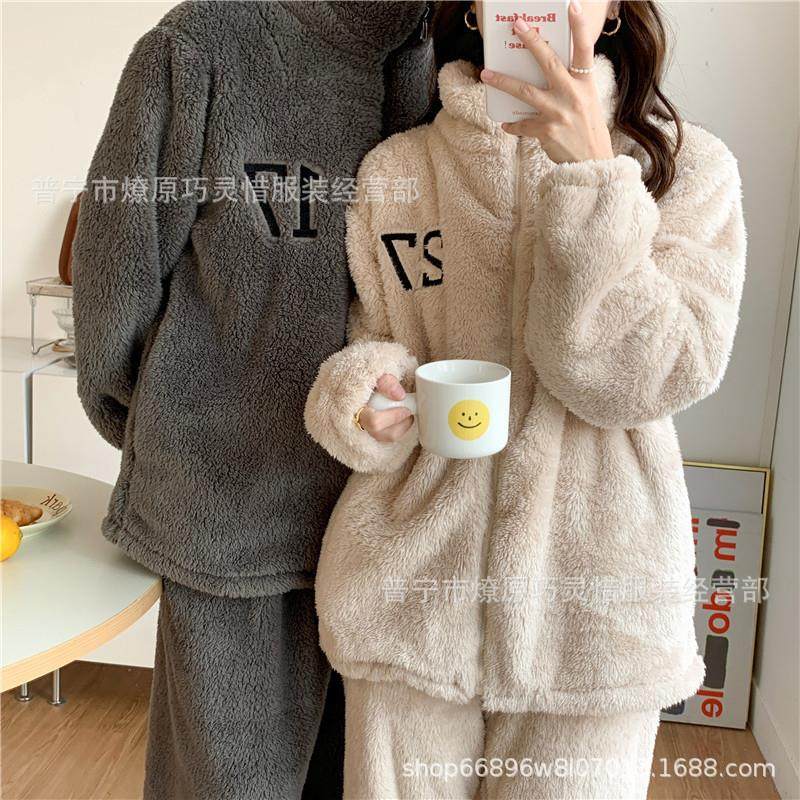 冬季珊瑚绒睡衣女2025新款加绒加厚纯色简约法兰绒拉链家居服套装