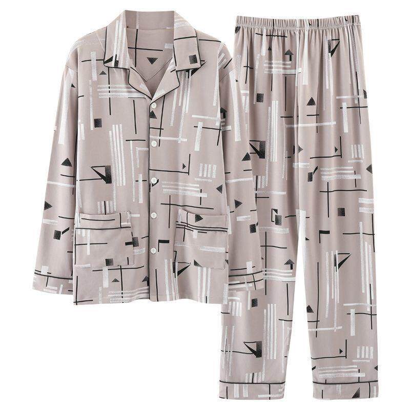 春秋季男士100%纯棉睡衣长袖长裤套装中老年大码宽松家居服