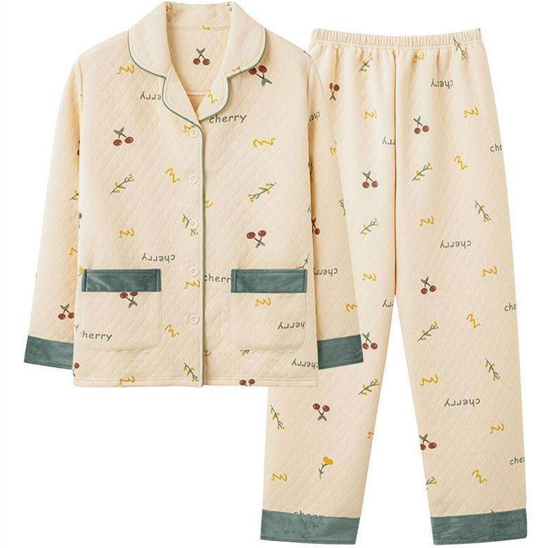 加厚睡衣女秋冬季长袖开衫女士夹棉保暖套装大码空气棉家居服