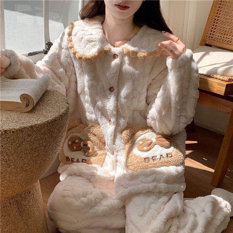 珊瑚绒睡衣女冬季公主风娃娃领开衫加绒加厚保暖法兰绒家居服套装