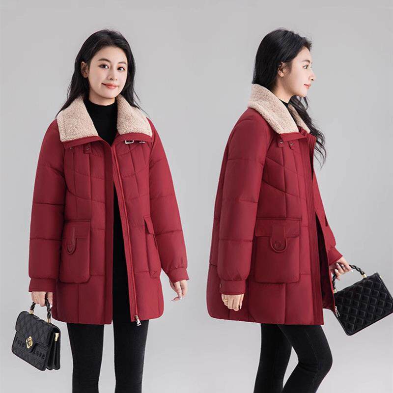 2025冬季新款羽绒棉服女中长拼接大口袋显瘦韩版高级感棉服外套厚