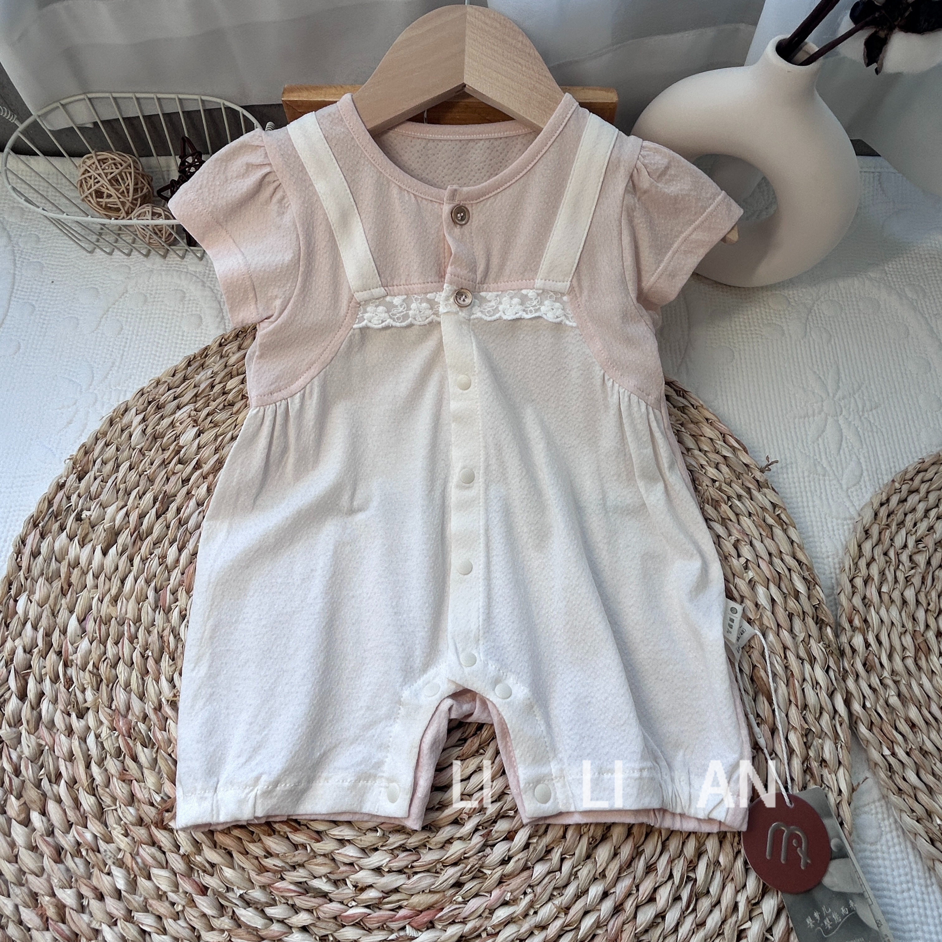 婴梦儿-淑雅-假两件哈衣婴儿包屁衣短袖25夏女宝宝纯棉爬服连体衣