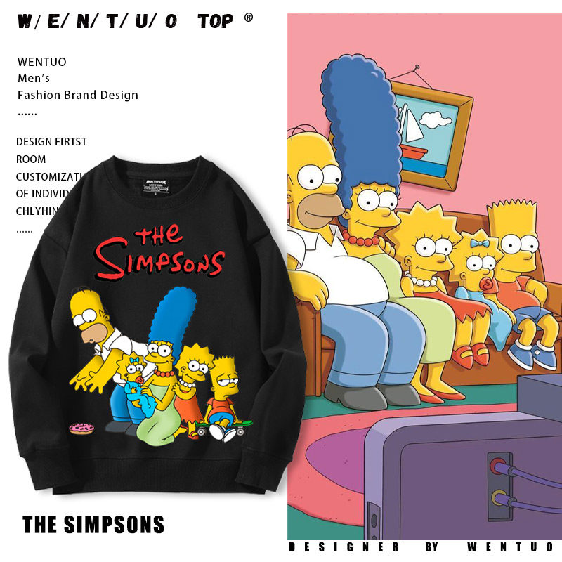辛普森一家美式动漫周边印花圆领卫衣男女秋冬加绒宽松情侣装外套