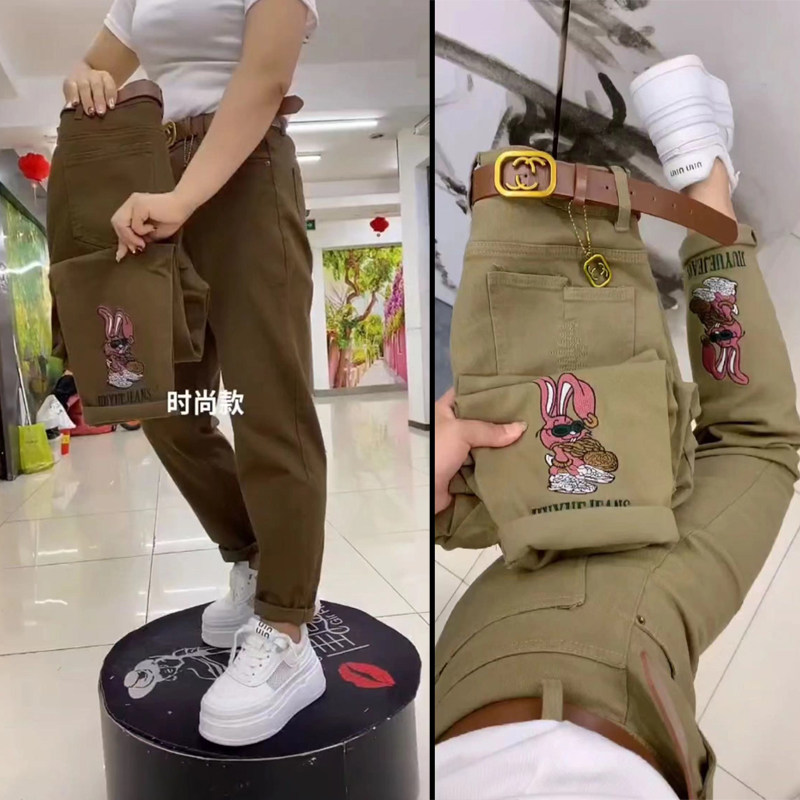 秋季厚料纯棉水洗软牛仔九分休闲裤女时尚洋气哈伦裤弹力老爹裤子