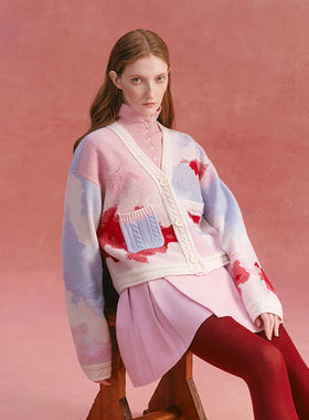 CHAU.RISING/洲升秋冬新款彩色羊毛开衫多巴胺毛衣外套少女感