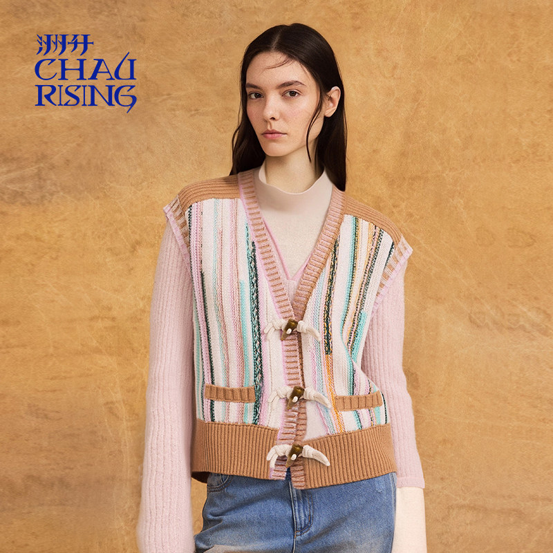 洲升/CHAU.RISING2025秋冬新款竖条纹撞色羊毛马甲复古休闲马甲,女装/女士精品,毛针织衫,淘宝优惠券,粉丝福利购,淘宝优惠卷