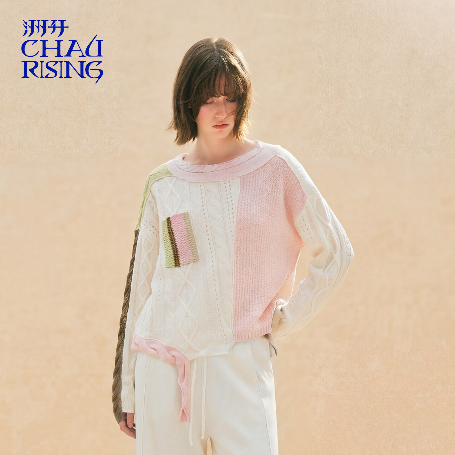 洲升/CHAU.RISING秋冬款拼贴船领羊绒套头衫彩色少女感毛衣