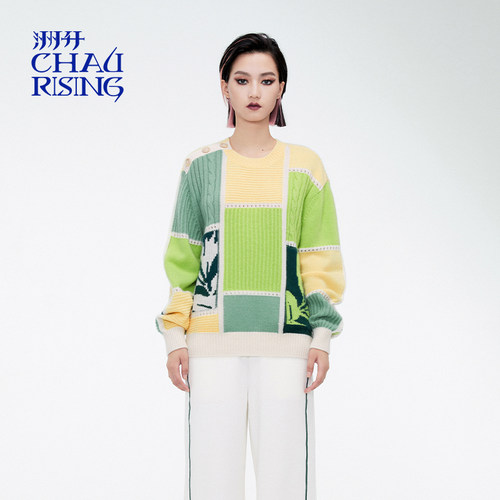 洲升/CHAU.RISING冬季新款橄榄枝拼接羊绒套头衫宽松上衣毛衣