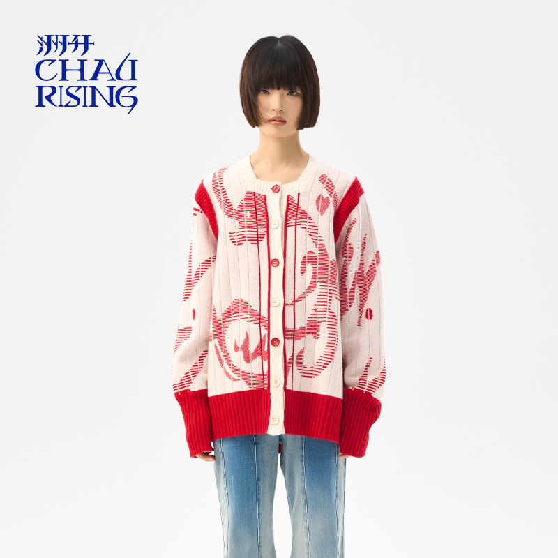 CHAU.RISING龙纹提花羊绒开衫