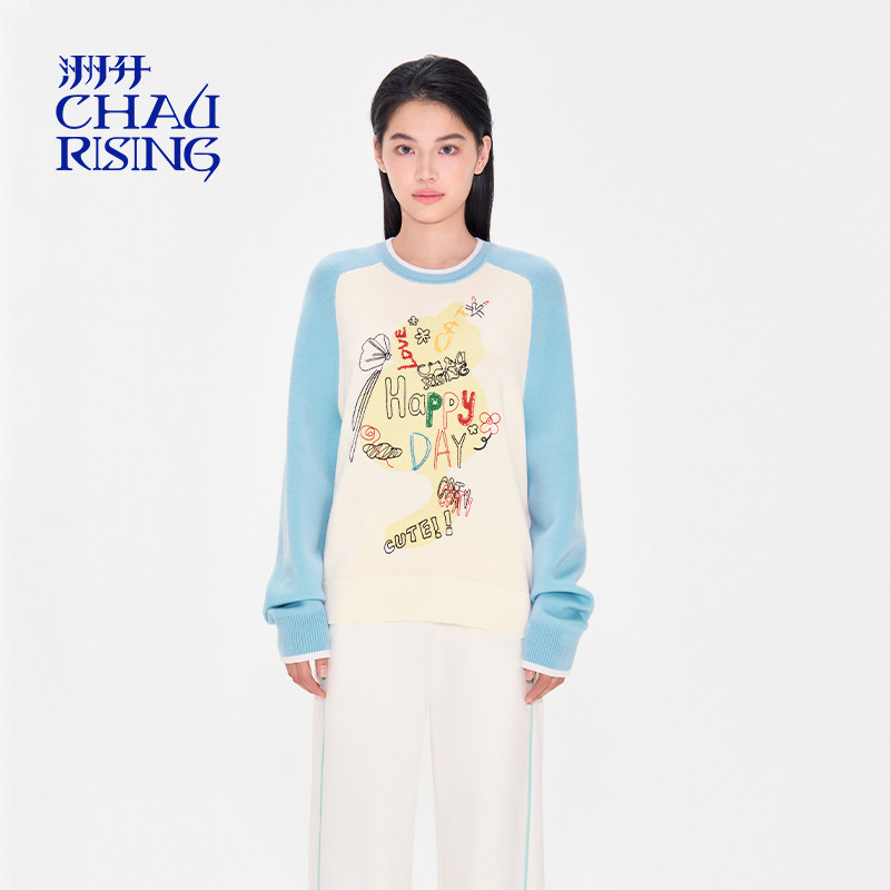 洲升/CHAU.RISING2025春季新款插肩彩色绣花羊毛套头毛衣显瘦女士,女装/女士精品,羊绒衫,淘宝优惠券,粉丝福利购,淘宝优惠卷
