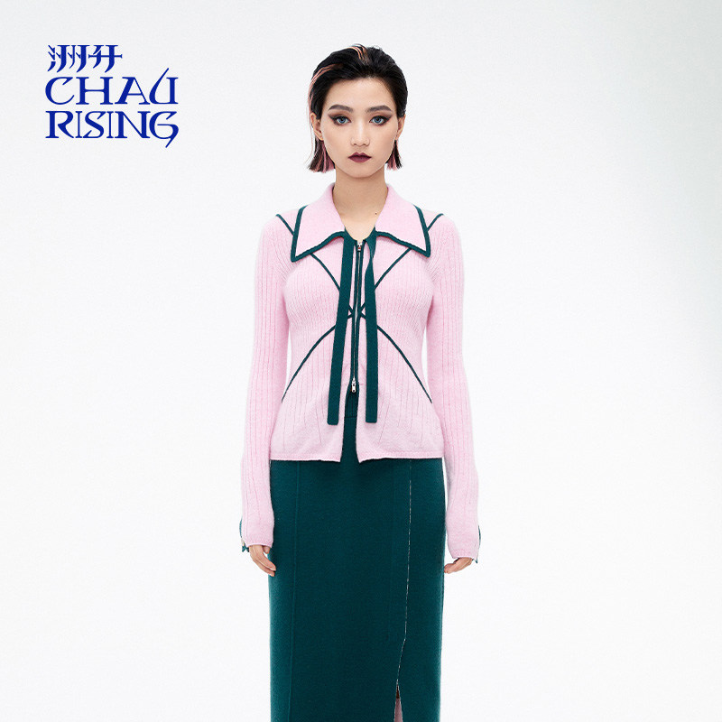 洲升/CHAU.RISING秋冬新款藏青色学院风飘带羊绒polo开衫上衣,女装/女士精品,羊绒衫,淘宝优惠券,粉丝福利购,淘宝优惠卷