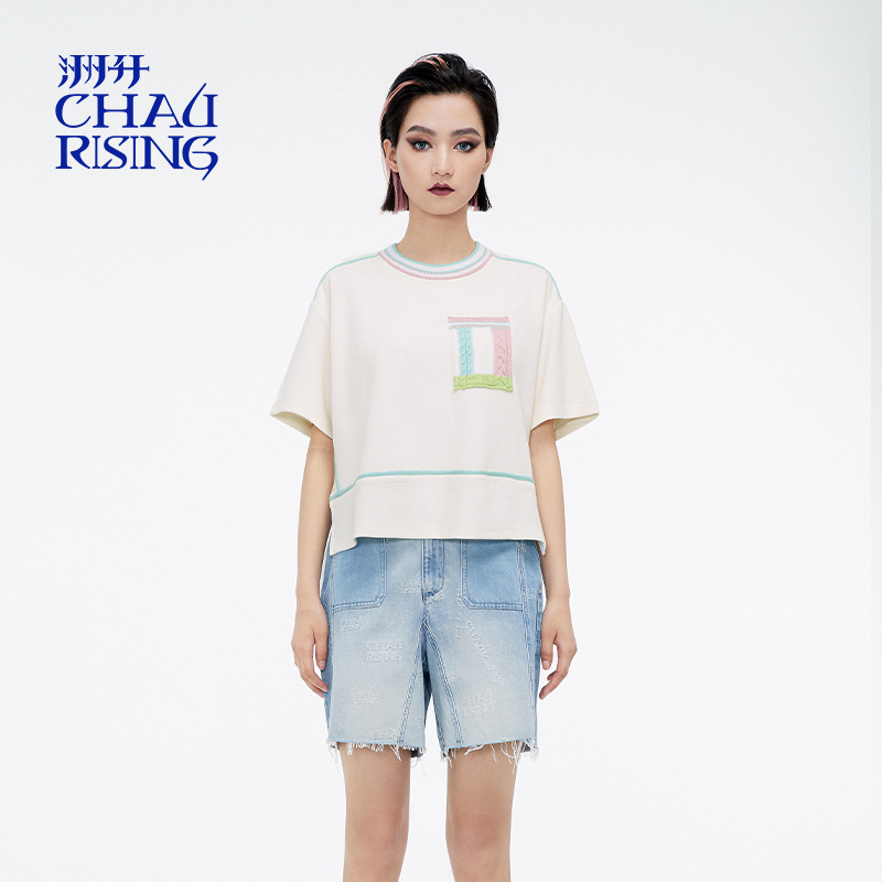 羊毛拼接撞边白色卫衣短袖上衣