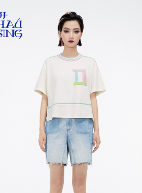 洲升/CHAU.RISING春夏新款拼接撞边白色卫衣短袖T恤上衣短款