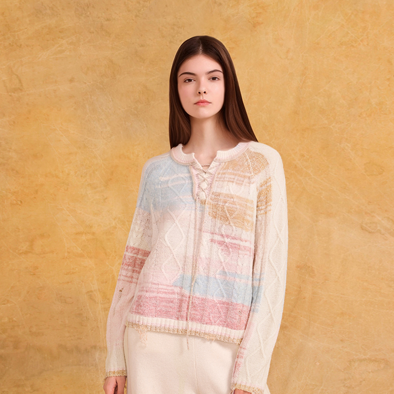 秋冬新款系带圆领羊绒套头衫