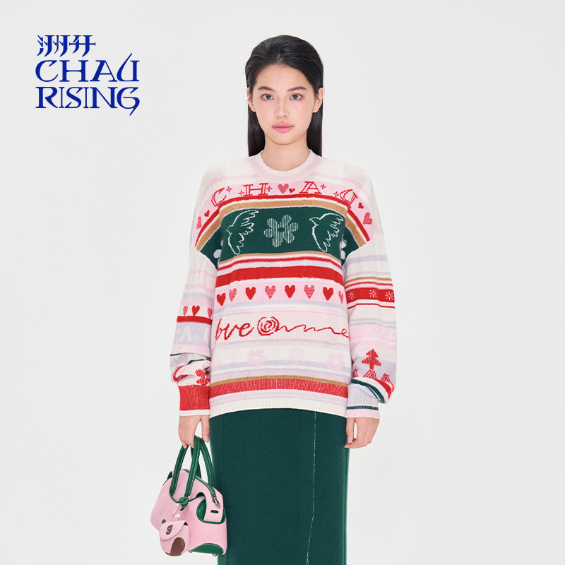 温暖爱心撞色羊绒套头衫