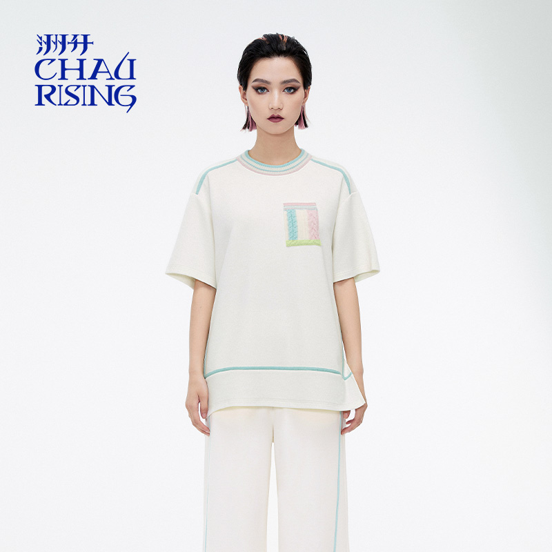 羊毛拼接撞边白色卫衣短袖