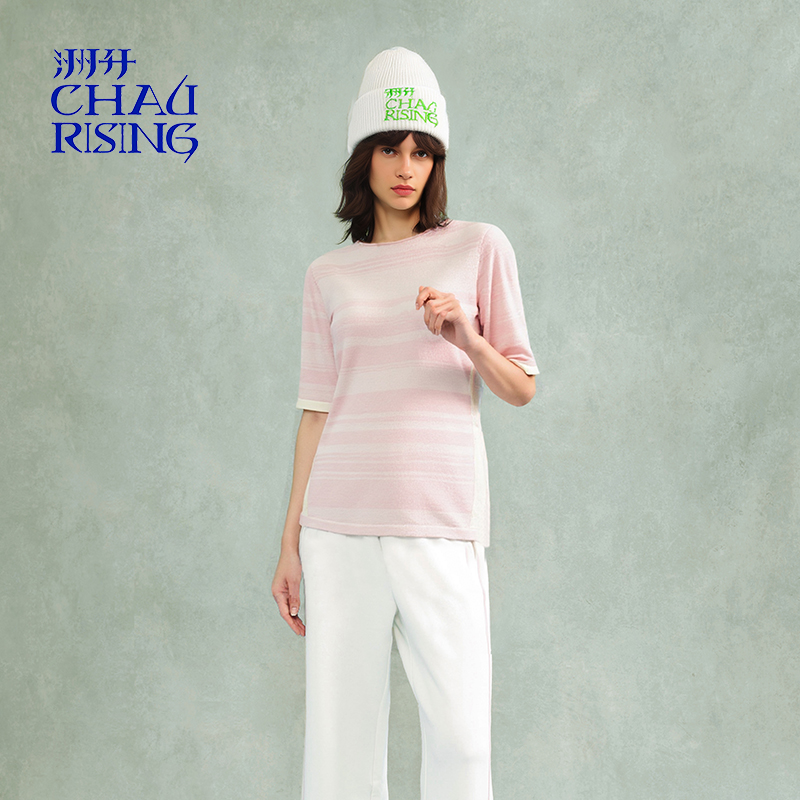 洲升/CHAU.RISING2025秋季新款短款渐变条纹精纺羊毛T恤上衣女士