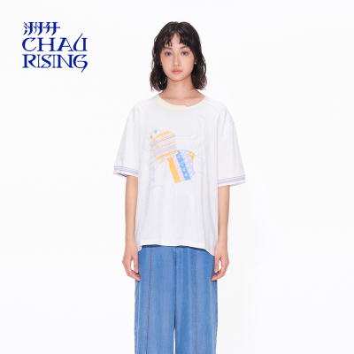 洲升/CHAU.RISING夏季淡人穿搭显瘦宽松针织拼贴绣花T恤短袖