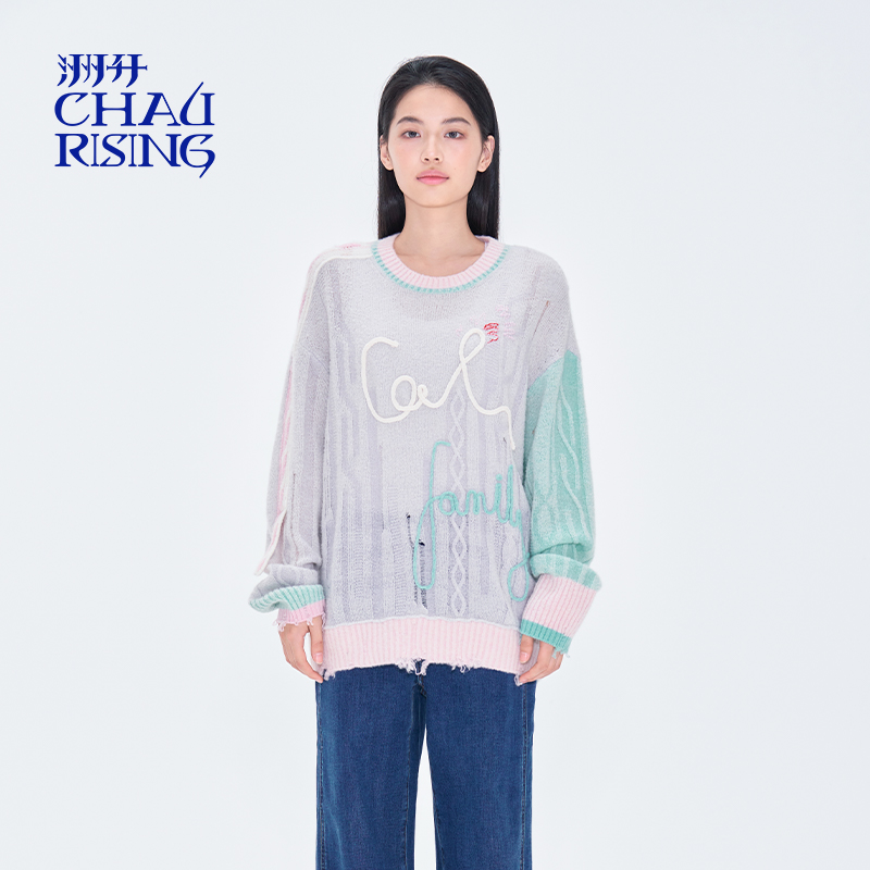 圆圈羊绒撞色绣花罩衫