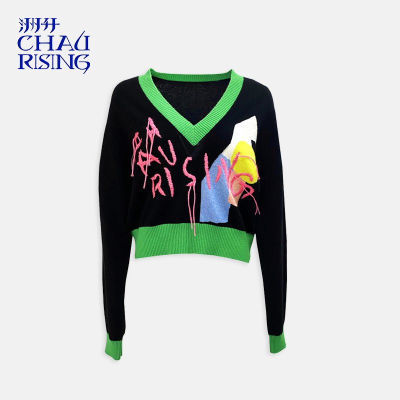 秋冬字母刺绣撞色V领羊绒衫