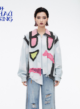 洲升/CHAU.RISING撞色牛仔针织拼接外套设计师原创休闲上衣女