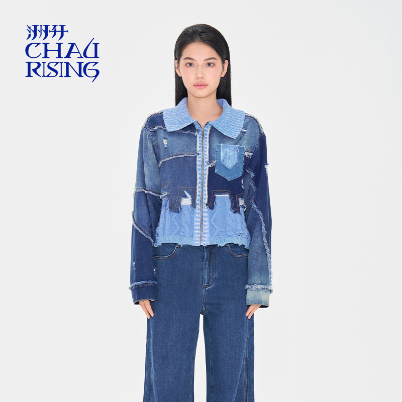 可露丽穿搭牛仔羊毛拼接短外套