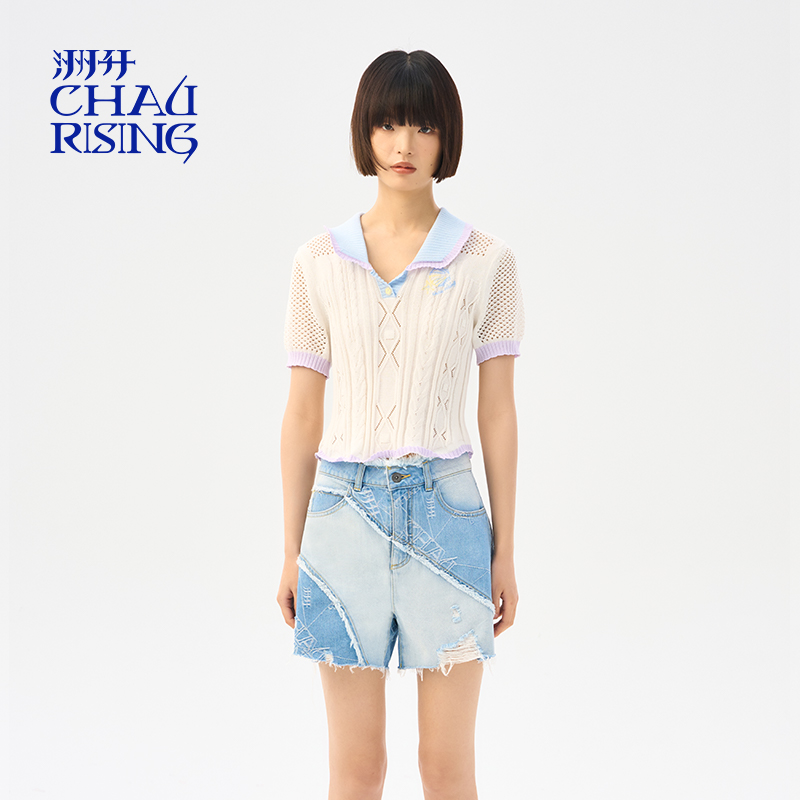 短袖可爱撞边针织polo衫