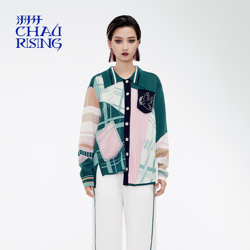 撞色拼接格纹羊毛开衫