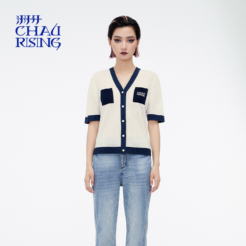 CHAU.RISING撞边羊毛短袖开衫