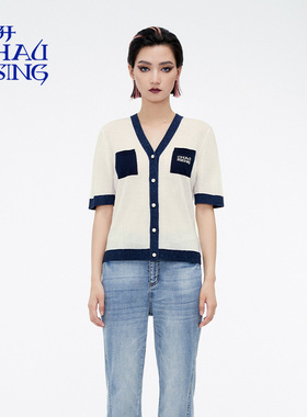 洲升/CHAU.RISING春夏新款女士休闲撞边羊毛短袖针织开衫设计师
