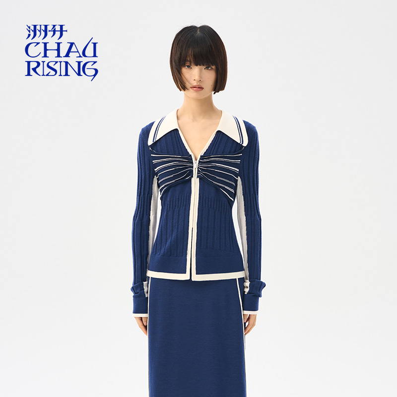 CHAU.RISING拼色polo领羊毛开衫