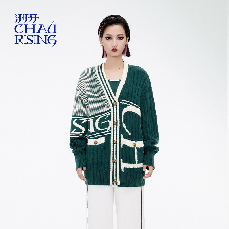 洲升/CHAU.RISING冬季新款logo山羊绒慵懒V领开衫外套上衣女