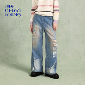 复古休闲长裤 洲升 做旧羊毛拼牛仔阔腿裤 新款 CHAU.RISING2025秋季