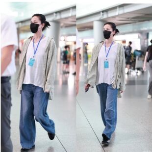 欧洲王菲机场明星同款条纹衬衫外套女浅蓝色阔腿裤休闲裤牛仔裤长