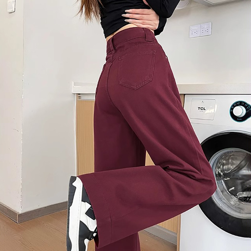 安可拉红阔腿牛仔裤女春秋季2025新款潮流时尚高腰宽松百搭直筒裤