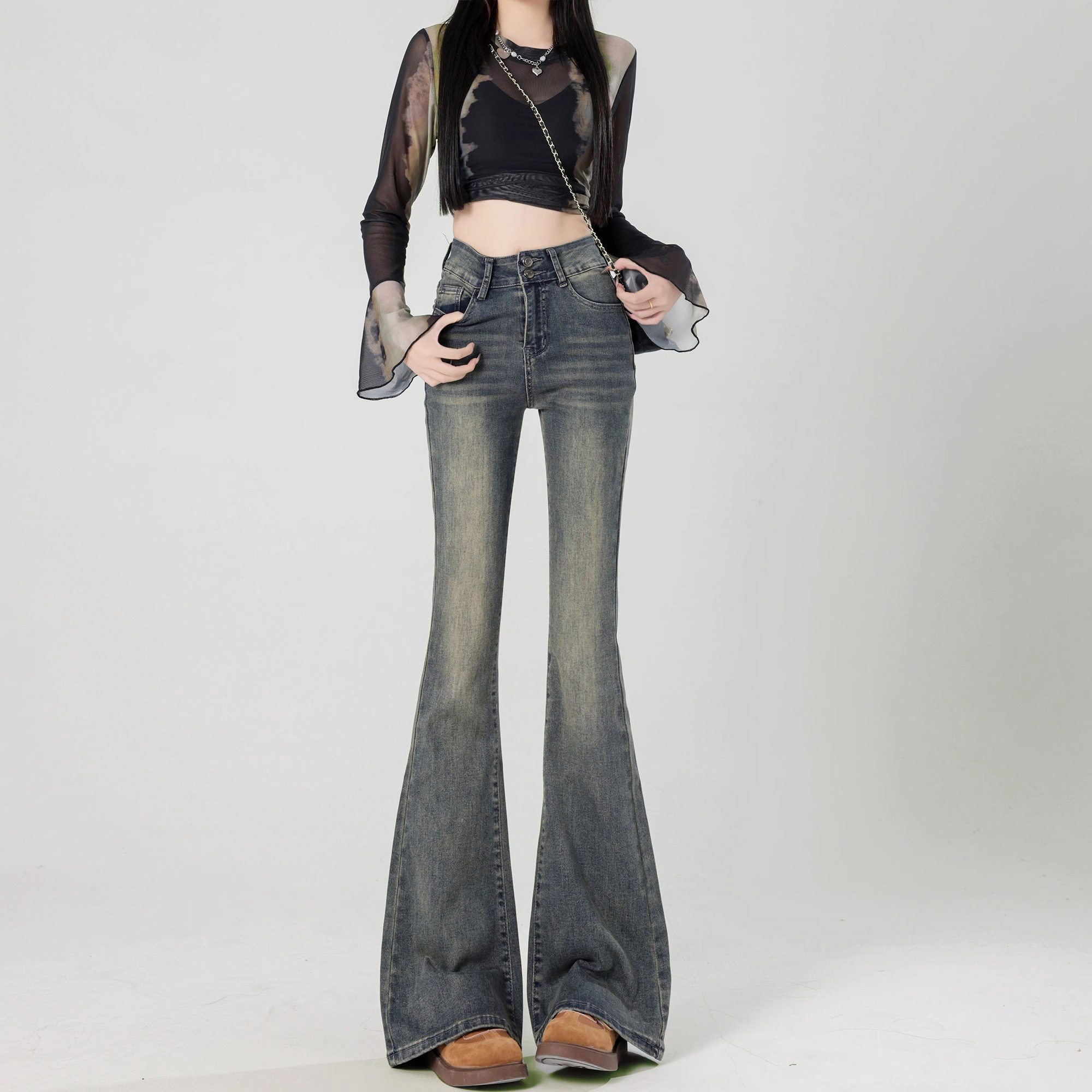 美式高腰微喇牛仔裤女春秋季2024新款休闲时尚辣妹修身百搭马蹄裤