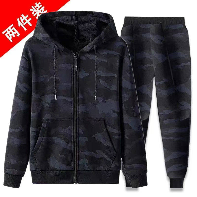 春秋季迷彩连帽卫衣套装男士宽松特大码运动休闲外套卫裤两件装潮