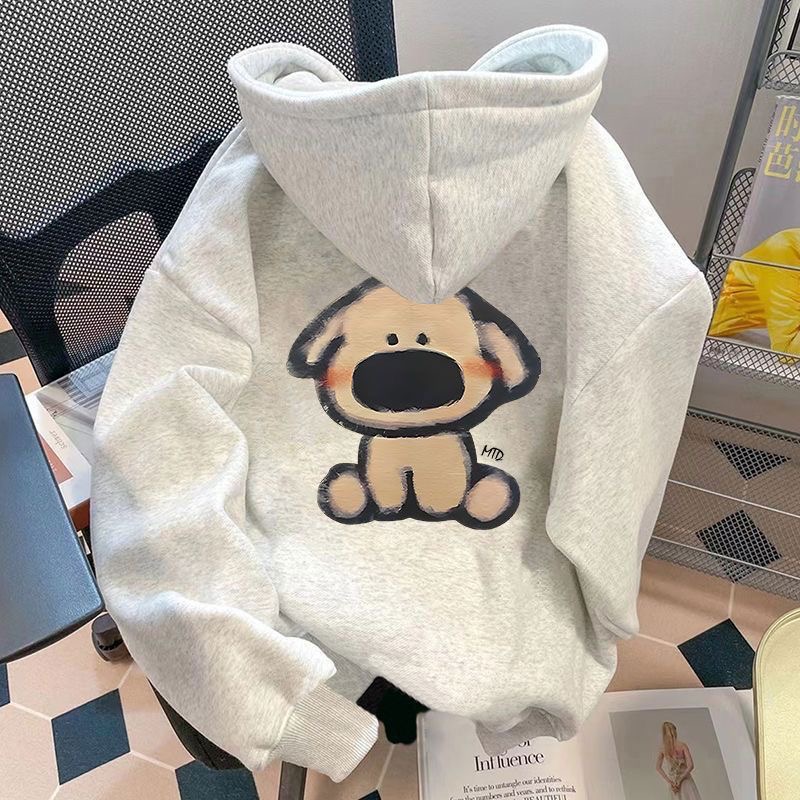 慵懒风狗狗印花连帽卫衣新款秋冬加绒加厚连帽衫外套潮潮男女潮流